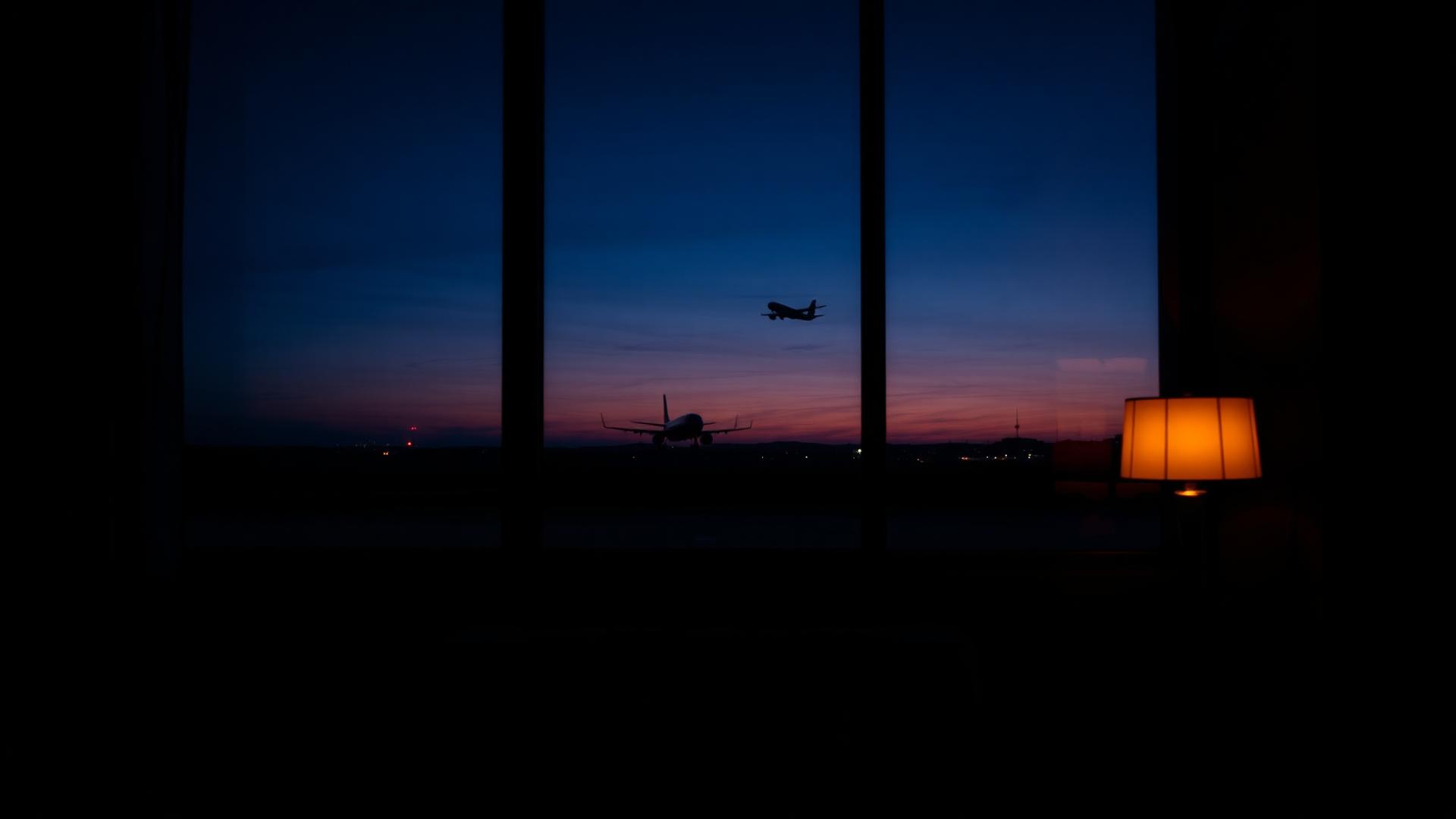 View from a crashpad window of an airplane taking off at dusk